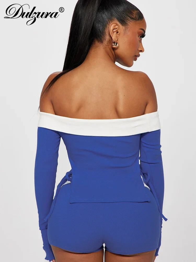 Dulzura Matching Suit Ribbed Contrasting Colors Off Shoulder Trumpet Sleeve Hollow Out Crop Top Mini Pants Sexy Y2K 2023 Summer - Image 3