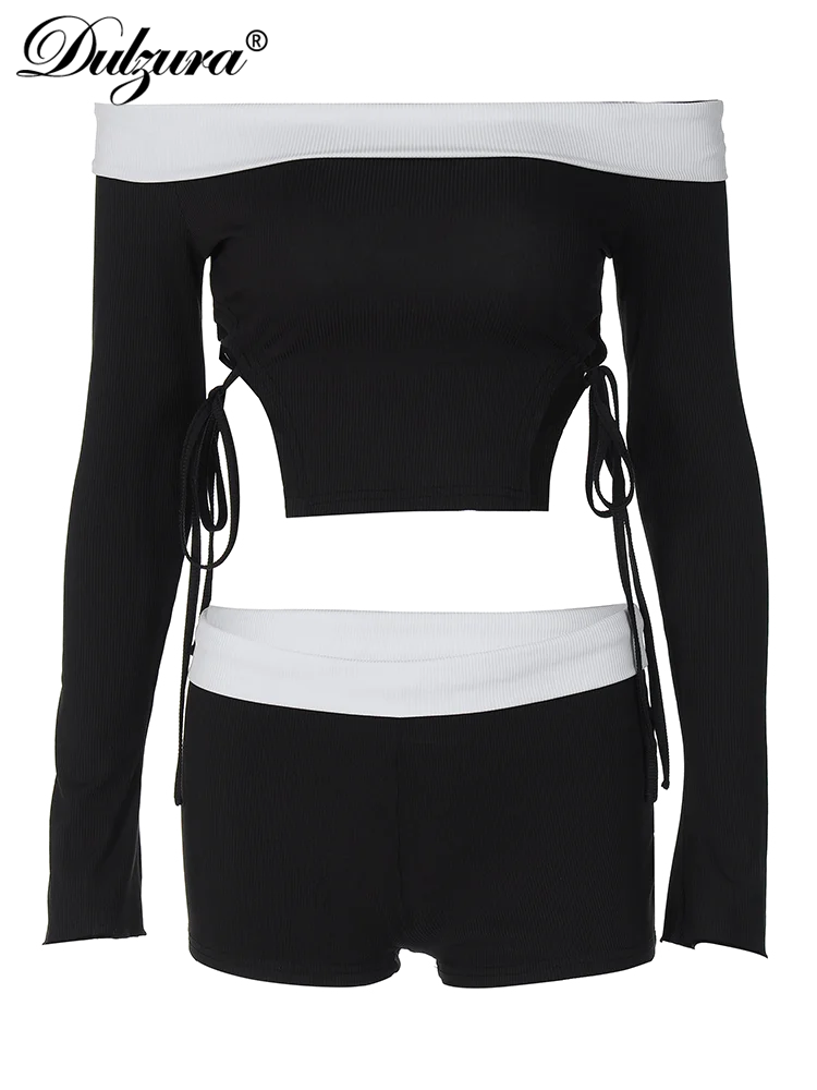 Dulzura Matching Suit Ribbed Contrasting Colors Off Shoulder Trumpet Sleeve Hollow Out Crop Top Mini Pants Sexy Y2K 2023 Summer - Image 6
