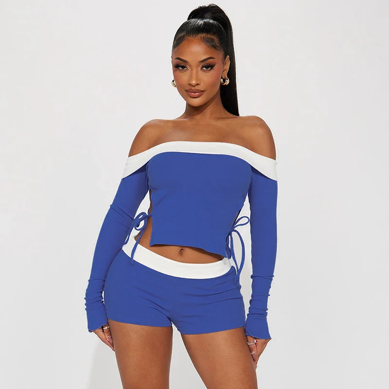 Dulzura Matching Suit Ribbed Contrasting Colors Off Shoulder Trumpet Sleeve Hollow Out Crop Top Mini Pants Sexy Y2K 2023 Summer - Image 8
