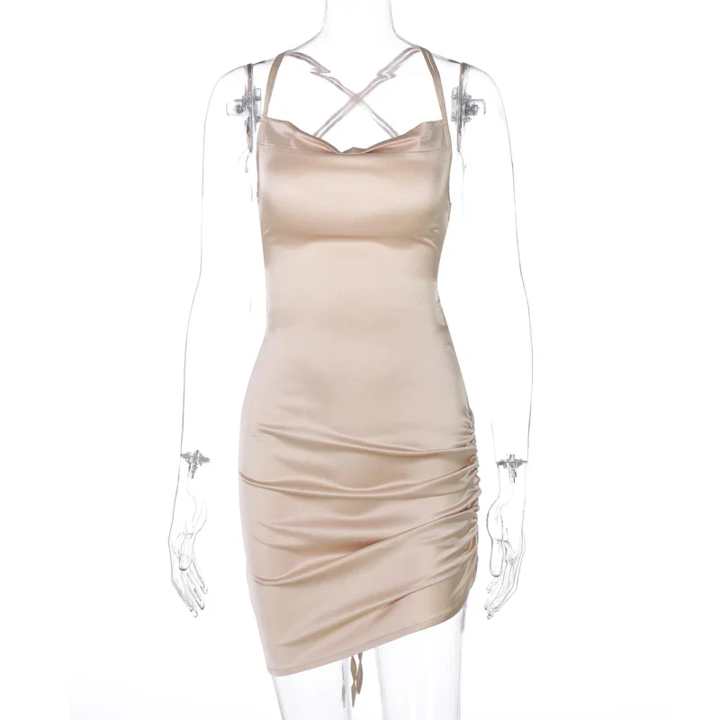 Dulzura Satin Women Strap Mini Dress Ruched Lace Up Cross Bandage Backless Bodycon Sexy Party Elegant 2023 Club Christmas Slim - Image 11