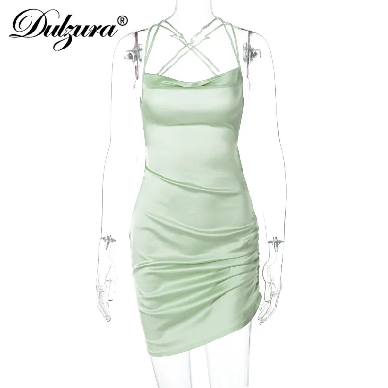 Dulzura Satin Women Strap Mini Dress Ruched Lace Up Cross Bandage Backless Bodycon Sexy Party Elegant 2023 Club Christmas Slim - Image 6