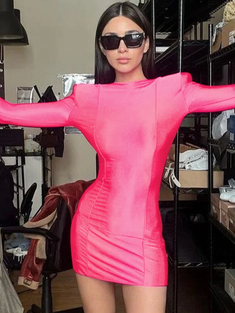Dulzura Solid Shoulder Pad Long Sleeve With Gloves O-Neck Mini Dress 2023 Summer For Women Sexy Y2K Bandage Dress Body-Shaping - Image 5