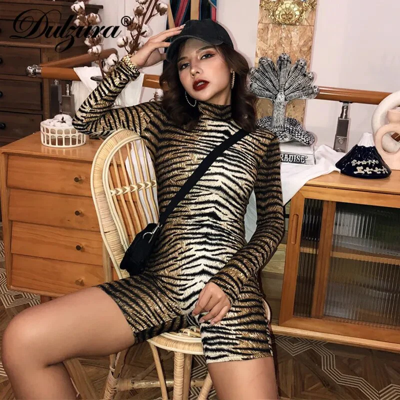 Dulzura women playsuit animal print leopard tiger bodycon streetwear clubwear sexy outfit clothes body romper 2019 autumn winter - Image 4