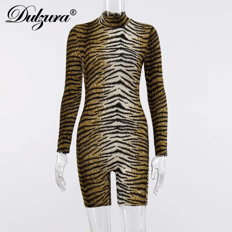 Dulzura women playsuit animal print leopard tiger bodycon streetwear clubwear sexy outfit clothes body romper 2019 autumn winter - Image 6