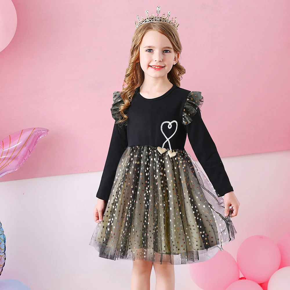 DXTON Princess Kids Dress Heart Sequined Girls Dress Winter Long Sleeve Children Clothing Tutu Flare Sleeve Kids Party Dresses - Image 4