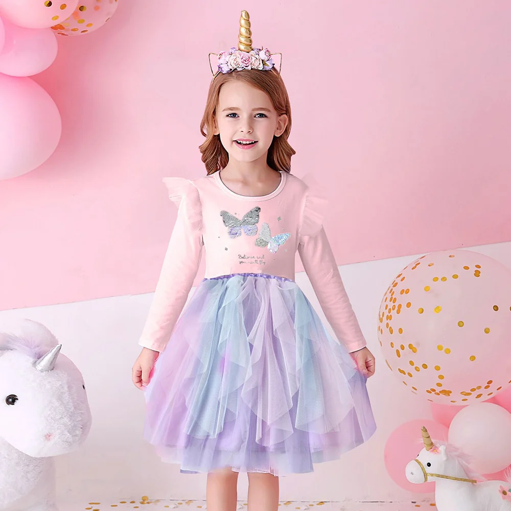 DXTON Princess Kids Dress Heart Sequined Girls Dress Winter Long Sleeve Children Clothing Tutu Flare Sleeve Kids Party Dresses - Image 7