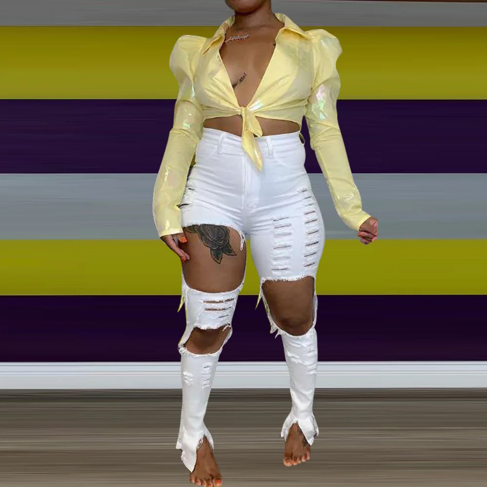 Echoine Sexy Hollow out Flare denim Pants White Ripped jeans High Waist Bodycon Hole Women Trousers Club Outfits 2023 - Image 2