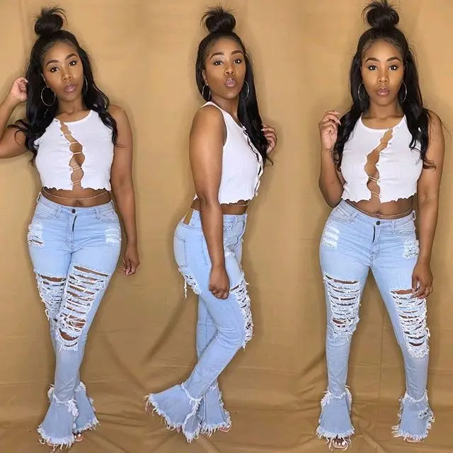 Echoine Sexy Ripped jeans Fringe Hollow out Ruffle Flare denim Pants High Waist Bodycon Hole Women Trousers Club Outfits - Image 8