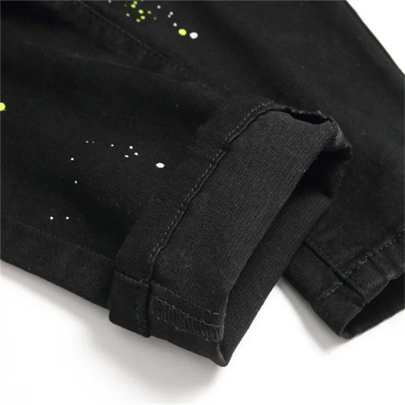 EH·MD® Diamond Embroidered Jeans Men's Scraped Inside Floral Trim Splash Ink Slim Cotton Stretch Leather Standard Black Pants 22 - Image 6