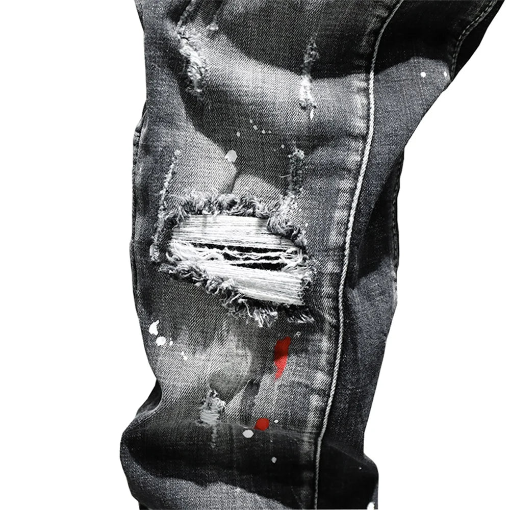 EH·MD® Ripped Hole Jeans Men's Paint Dots Ink Splattered Soft Cotton High Elastic Leather Label Black Grey Slim Pants Red Ears 2 - Image 6