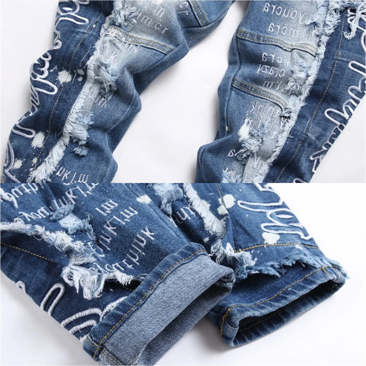 EH · MD Spliced Jeans Men's Embroidery English High Elastic Small Feet Pants Worn Down Wool 3D Printing Zipper Slim Fit Gradient - Image 5