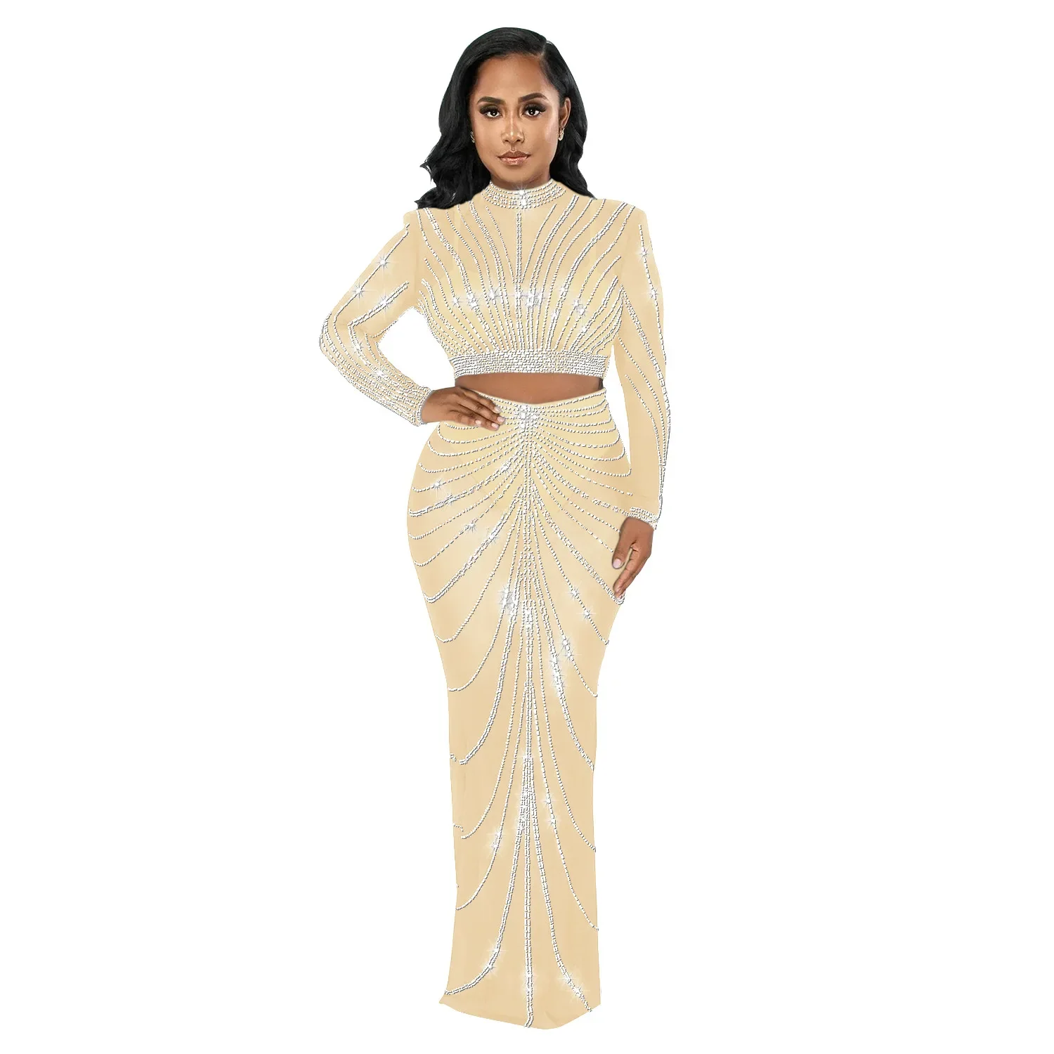 EINYOO Fashion Women's Mesh Long Sleeve Rhinestone Bodycons Prom Formal Perspective Long Dresses Two Piece Sets Traf Zevity Y2K - Image 11