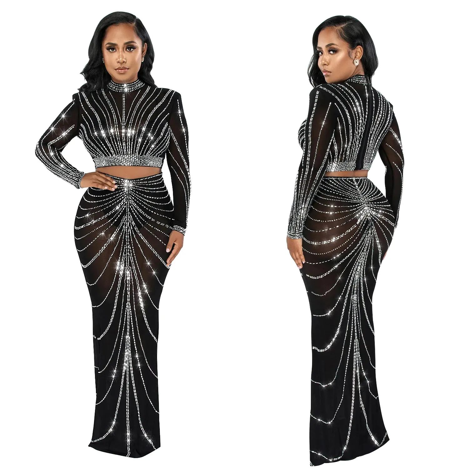 EINYOO Fashion Women's Mesh Long Sleeve Rhinestone Bodycons Prom Formal Perspective Long Dresses Two Piece Sets Traf Zevity Y2K - Image 2