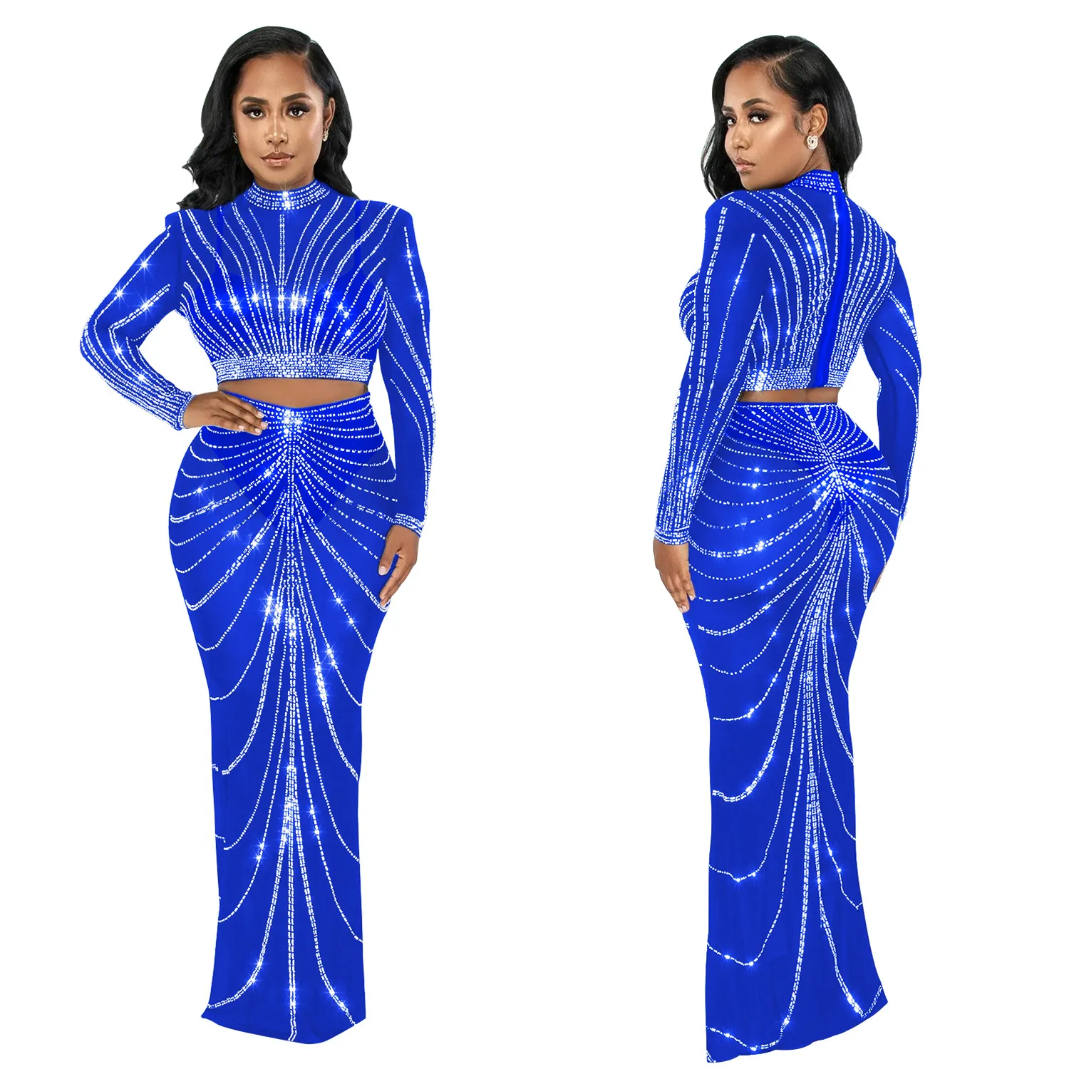 EINYOO Fashion Women's Mesh Long Sleeve Rhinestone Bodycons Prom Formal Perspective Long Dresses Two Piece Sets Traf Zevity Y2K - Image 3
