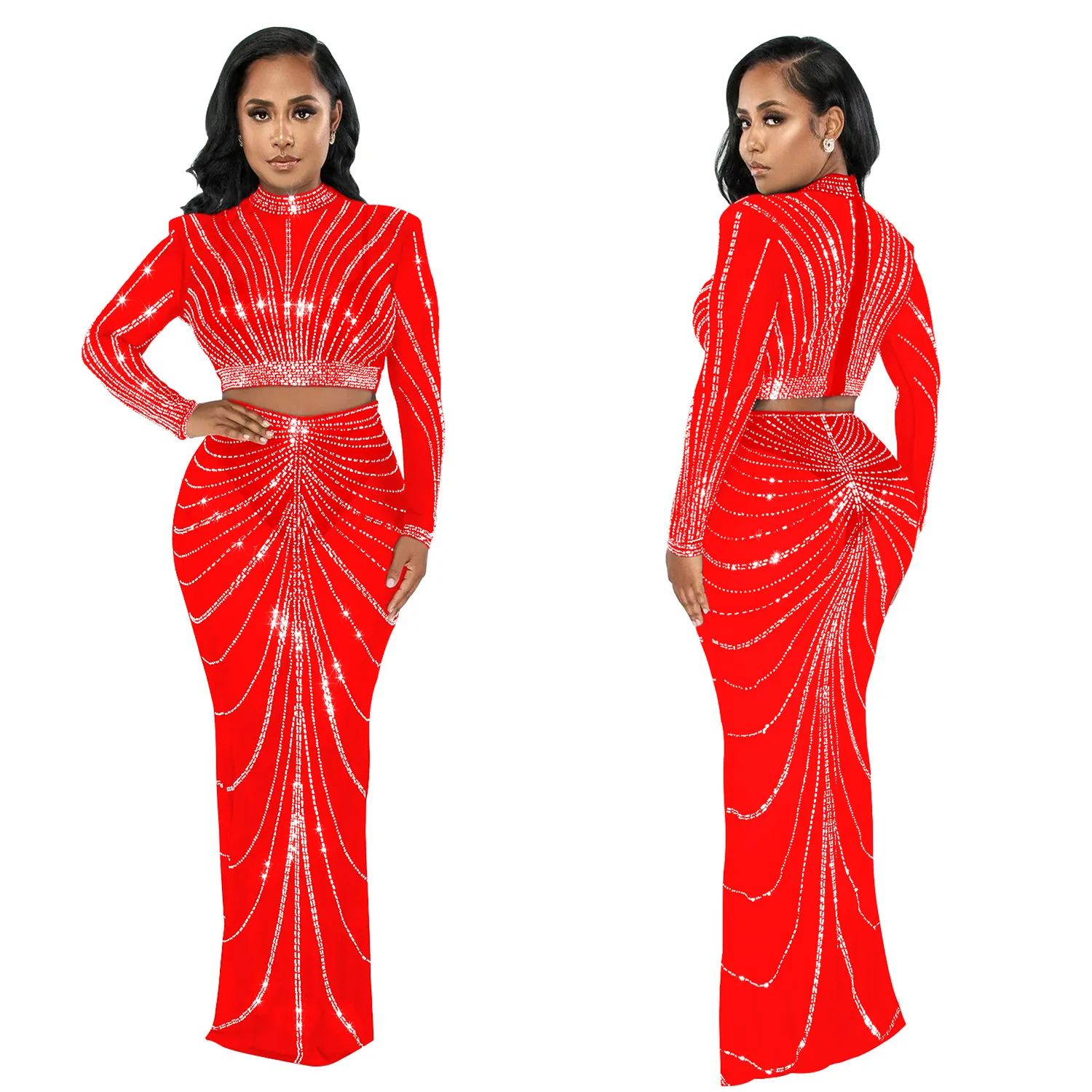 EINYOO Fashion Women's Mesh Long Sleeve Rhinestone Bodycons Prom Formal Perspective Long Dresses Two Piece Sets Traf Zevity Y2K - Image 4