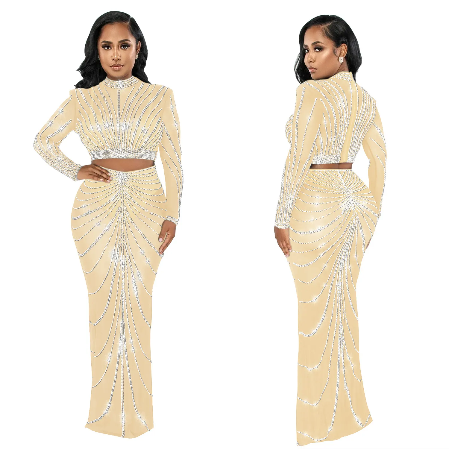 EINYOO Fashion Women's Mesh Long Sleeve Rhinestone Bodycons Prom Formal Perspective Long Dresses Two Piece Sets Traf Zevity Y2K - Image 5