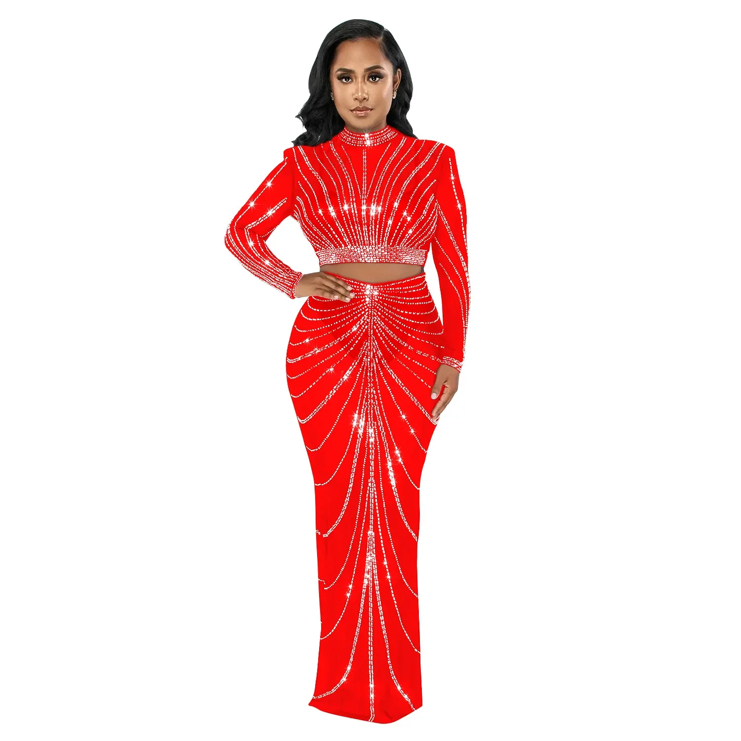 EINYOO Fashion Women's Mesh Long Sleeve Rhinestone Bodycons Prom Formal Perspective Long Dresses Two Piece Sets Traf Zevity Y2K - Image 9