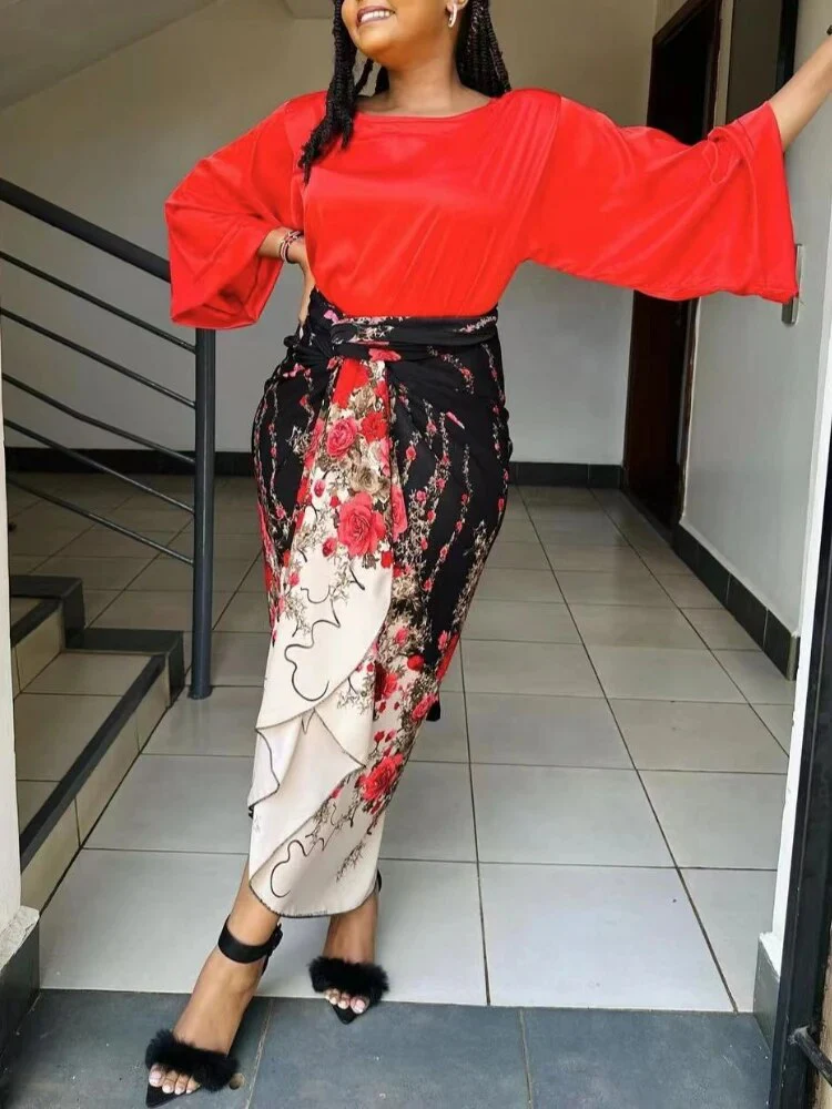 Elegant 2 Piece Sets Womens Outfits Satin Half Sleeve Shirt Blouses and Belted Wrap Midi Skirt Sets Spring Summer Clothes - Image 5