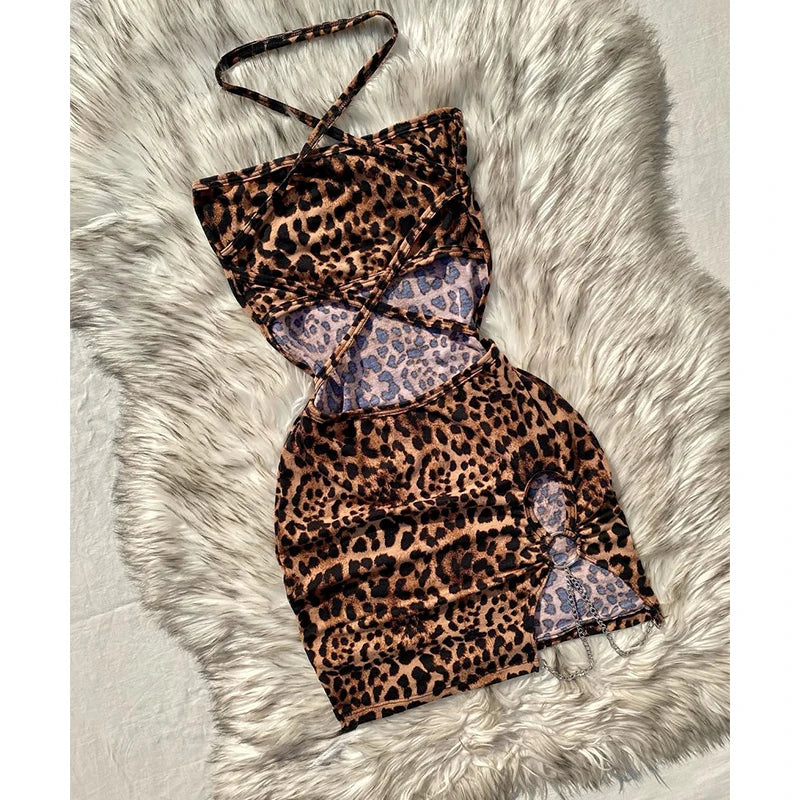 Elegant And Fashionable Women's Sexy Leopard Print Mini Dress Strapless Sleeveless Hollow Bag Hip Sexy Summer Holiday Dress - Image 2