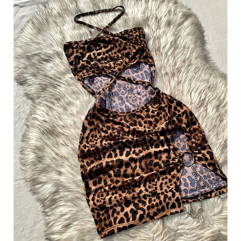 Elegant And Fashionable Women's Sexy Leopard Print Mini Dress Strapless Sleeveless Hollow Bag Hip Sexy Summer Holiday Dress - Image 4