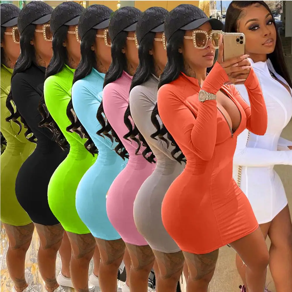 Elegant Autumn Winter Bodycon Mini Women Dress Sexy Zipper V Neck Long Sleeve Women Dress Striped Club Party White Dress 2020 - Image 2