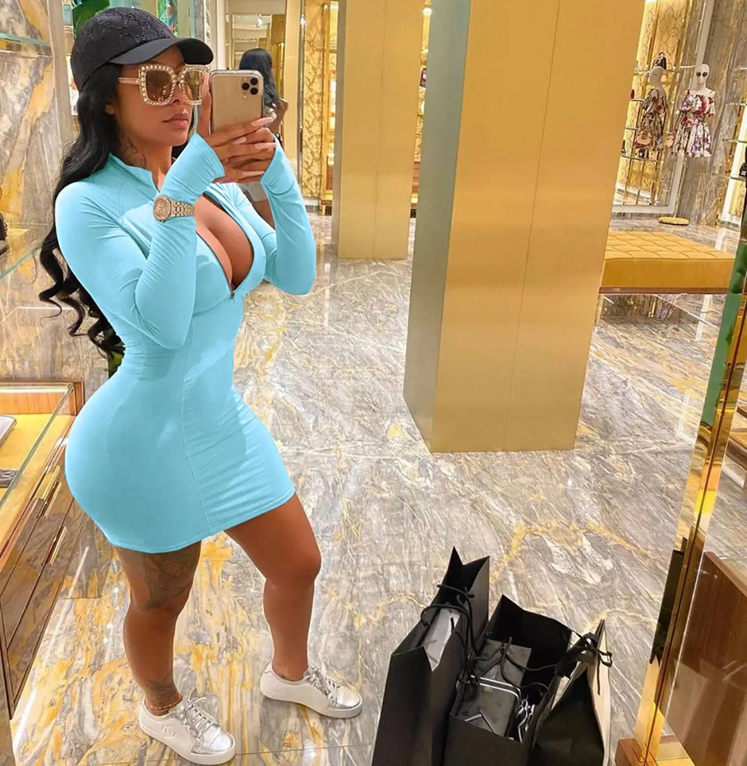 Elegant Autumn Winter Bodycon Mini Women Dress Sexy Zipper V Neck Long Sleeve Women Dress Striped Club Party White Dress 2020 - Image 8