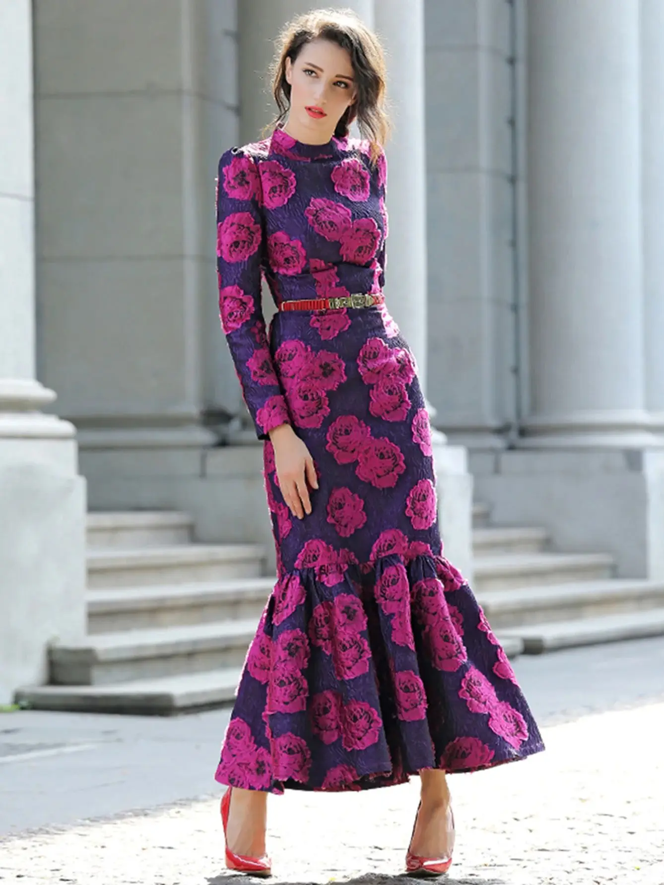Elegant Brocade Women Maxi Mermaid Dress Long Vintage Flowers Slim Clothing Stand Collar Party Dresses Robe Femme Vestido - Image 15
