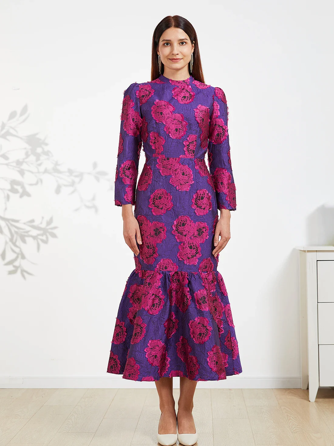 Elegant Brocade Women Maxi Mermaid Dress Long Vintage Flowers Slim Clothing Stand Collar Party Dresses Robe Femme Vestido - Image 3