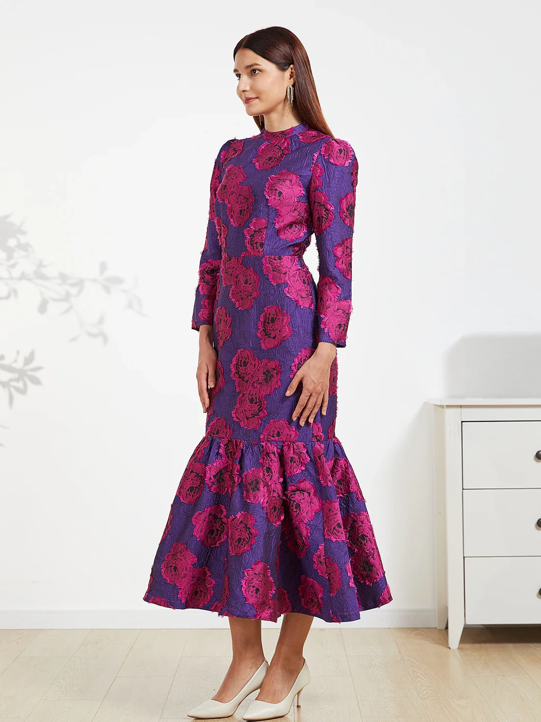 Elegant Brocade Women Maxi Mermaid Dress Long Vintage Flowers Slim Clothing Stand Collar Party Dresses Robe Femme Vestido - Image 4