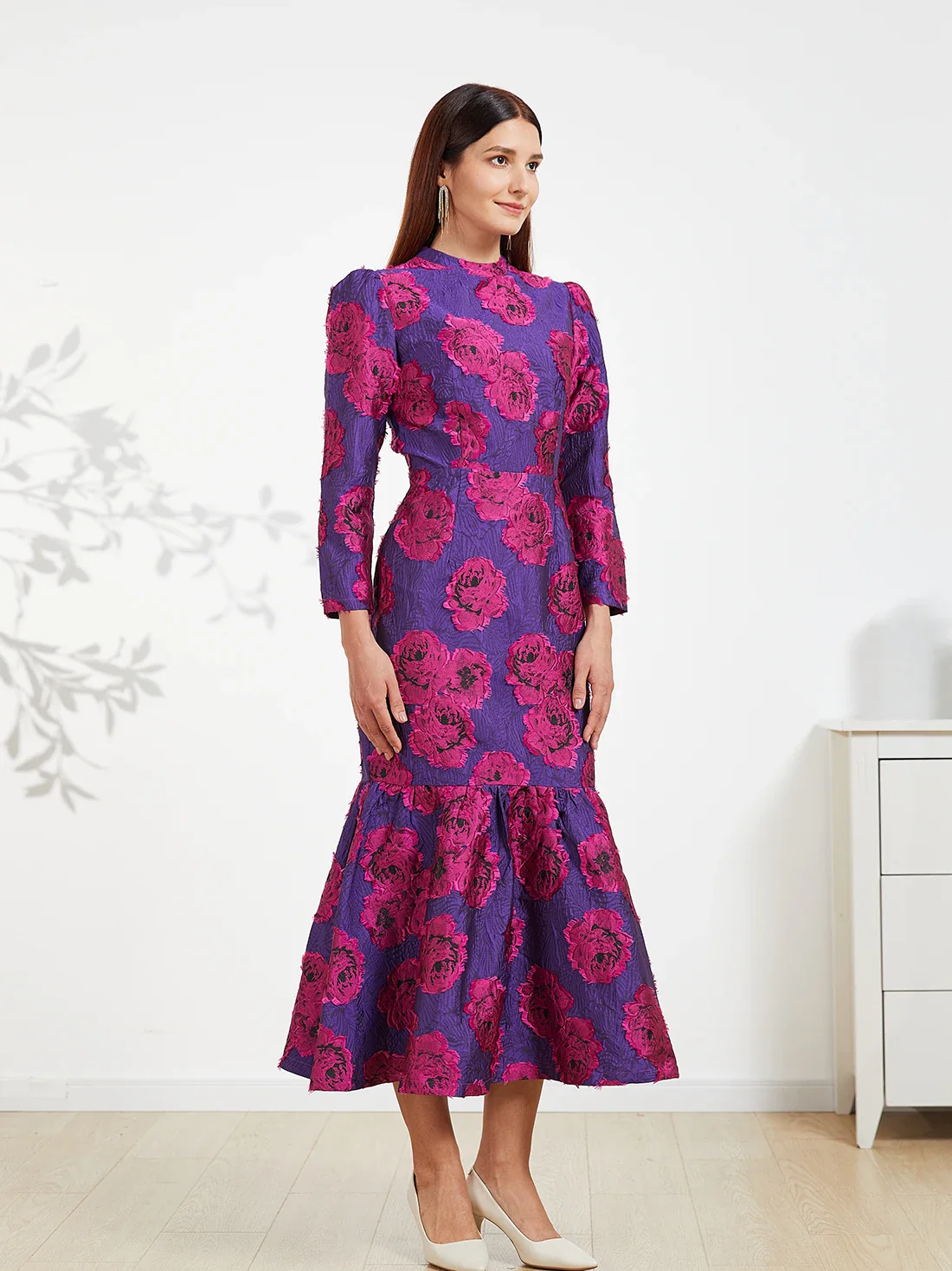 Elegant Brocade Women Maxi Mermaid Dress Long Vintage Flowers Slim Clothing Stand Collar Party Dresses Robe Femme Vestido - Image 5