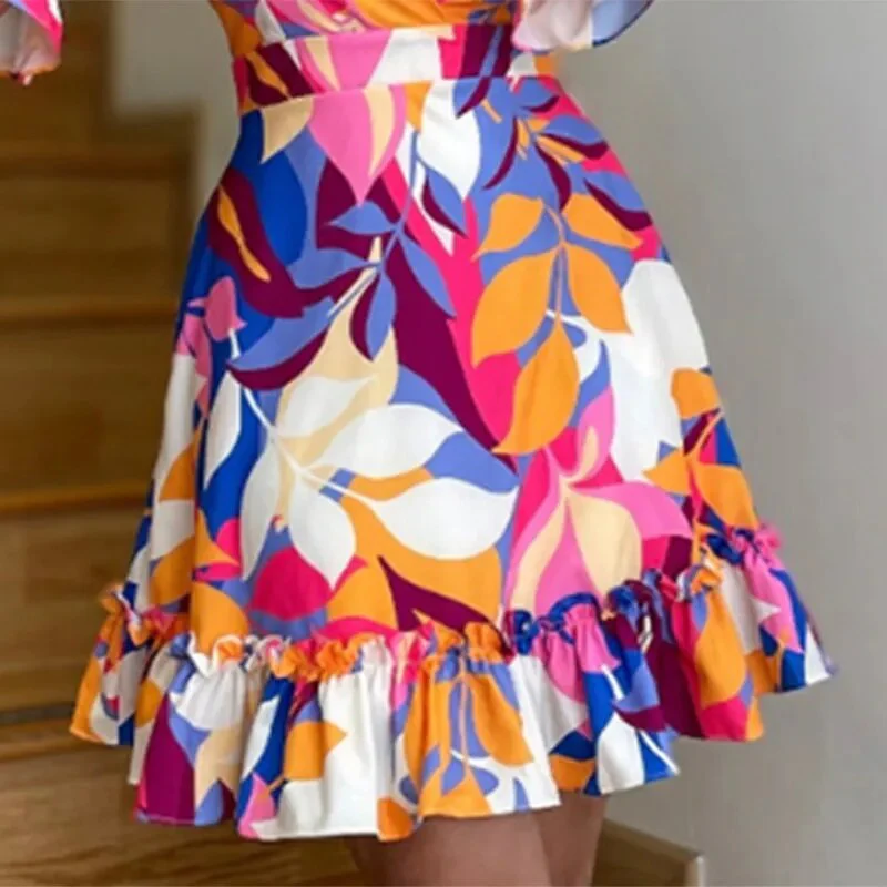 Elegant Casual Commuterprint Ruffle Mini Dress European and American Women Spring 2023 New INS High Waist Elegent Retro Dresses - Image 3