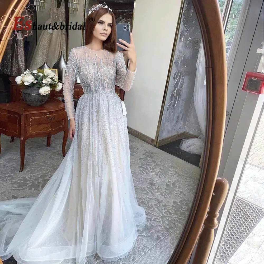 Elegant Dubai Arabic Evening Dresses for Women 2025 Long Sleeves O Neck A-Line Luxury Formal Prom Wedding Party Gowns Customized - Image 11