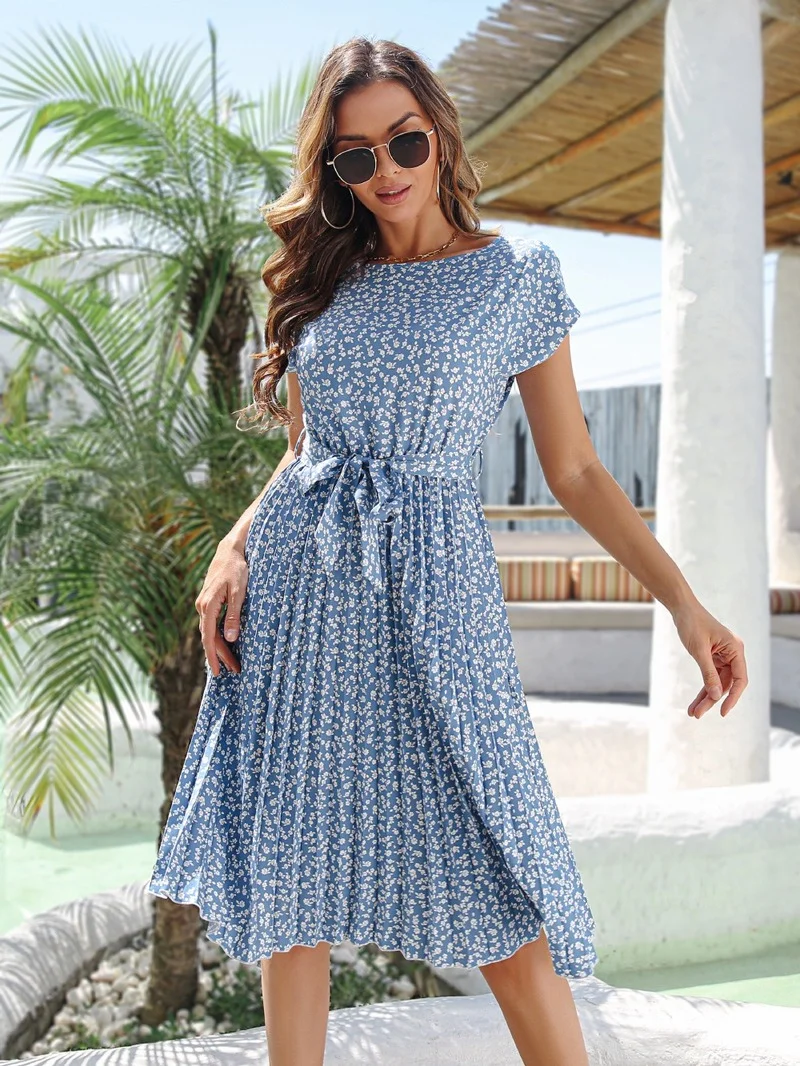 Elegant Floral Print Pleated Dresses Women Summer Dress YEMOGGY 2022 New Slim Casual High Waist Lace Up Midi Short Sleeve Dress - Image 4