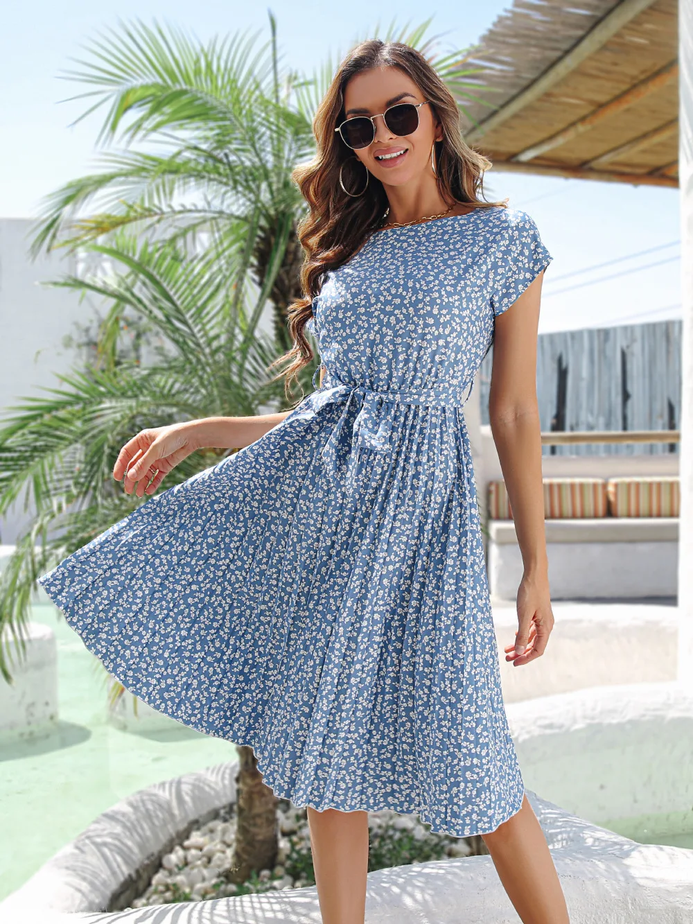 Elegant Floral Print Pleated Dresses Women Summer Dress YEMOGGY 2022 New Slim Casual High Waist Lace Up Midi Short Sleeve Dress - Image 9