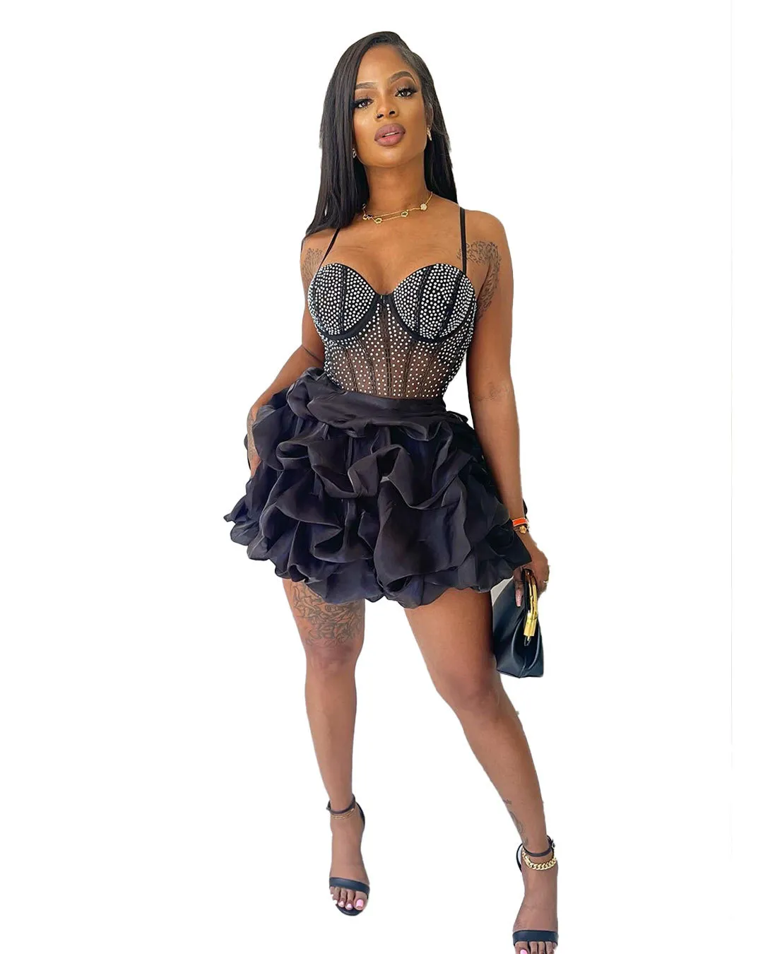 Elegant Glitter Diamonds Bouffant Cake Skirt Dress for Women Sexy Sling Sheer Mesh Patchwork Bodycon Evening Club Party Dresses - Image 7