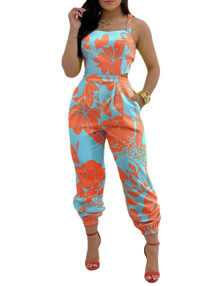 Elegant Jumpsuit Women Summer 2023 Fashion Butterfly Print Crisscross Lace Up Details Backless Long Jumpsuit Plus Size Rompers - Image 14