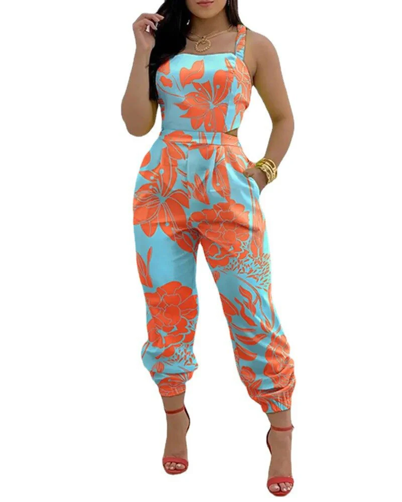 Elegant Jumpsuit Women Summer 2023 Fashion Butterfly Print Crisscross Lace Up Details Backless Long Jumpsuit Plus Size Rompers - Image 3