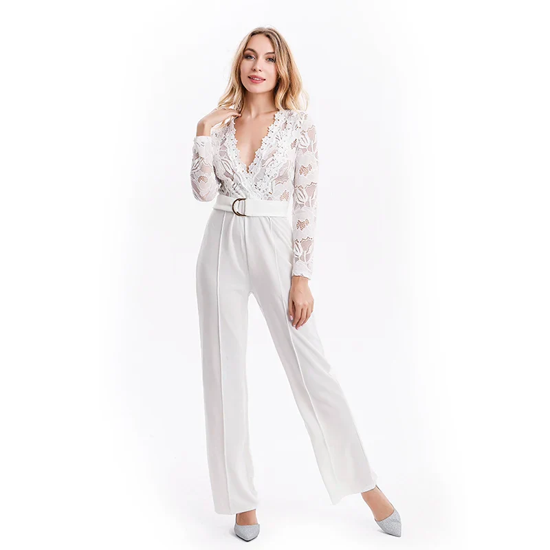 Elegant Lace Rompers Womens Summer Jumpsuit Solid Color Sexy Ladies Casual Long Trousers Overalls White Jumpsuit Office Lady - Image 5