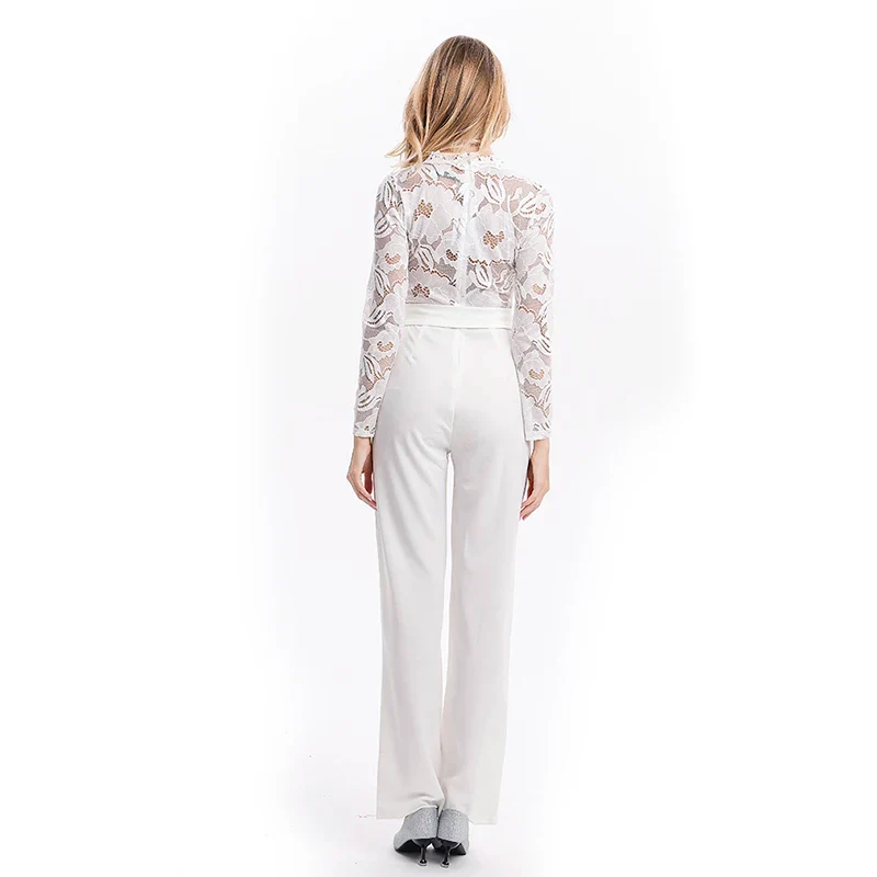 Elegant Lace Rompers Womens Summer Jumpsuit Solid Color Sexy Ladies Casual Long Trousers Overalls White Jumpsuit Office Lady - Image 6
