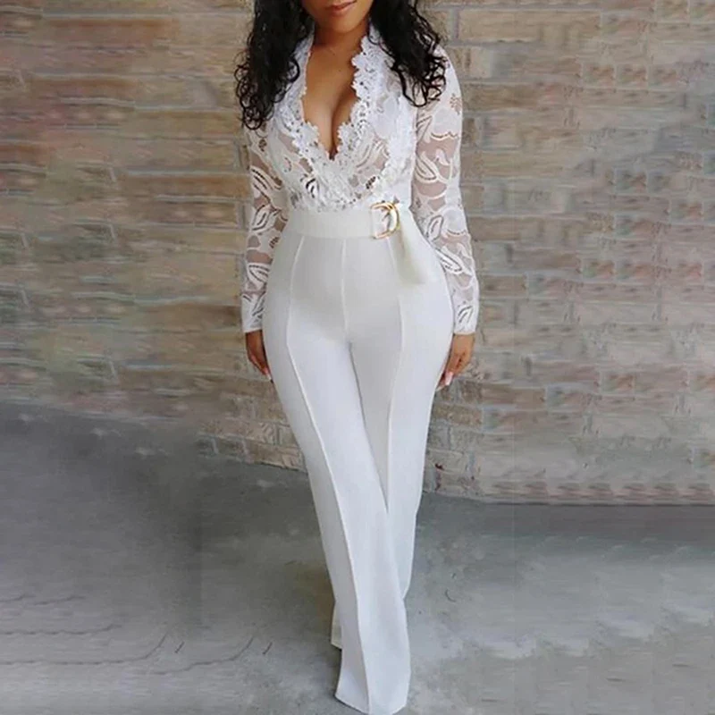 Elegant Lace Rompers Womens Summer Jumpsuit Solid Color Sexy Ladies Casual Long Trousers Overalls White Jumpsuit Office Lady - Image 7