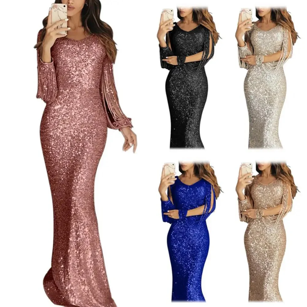 Elegant Ladies Vestidos Plus Size Chic Women Tassel Lantern Sleeve Sequined Tassel Long Sleeve V Neck Bodycon Party Maxi Dress - Image 4