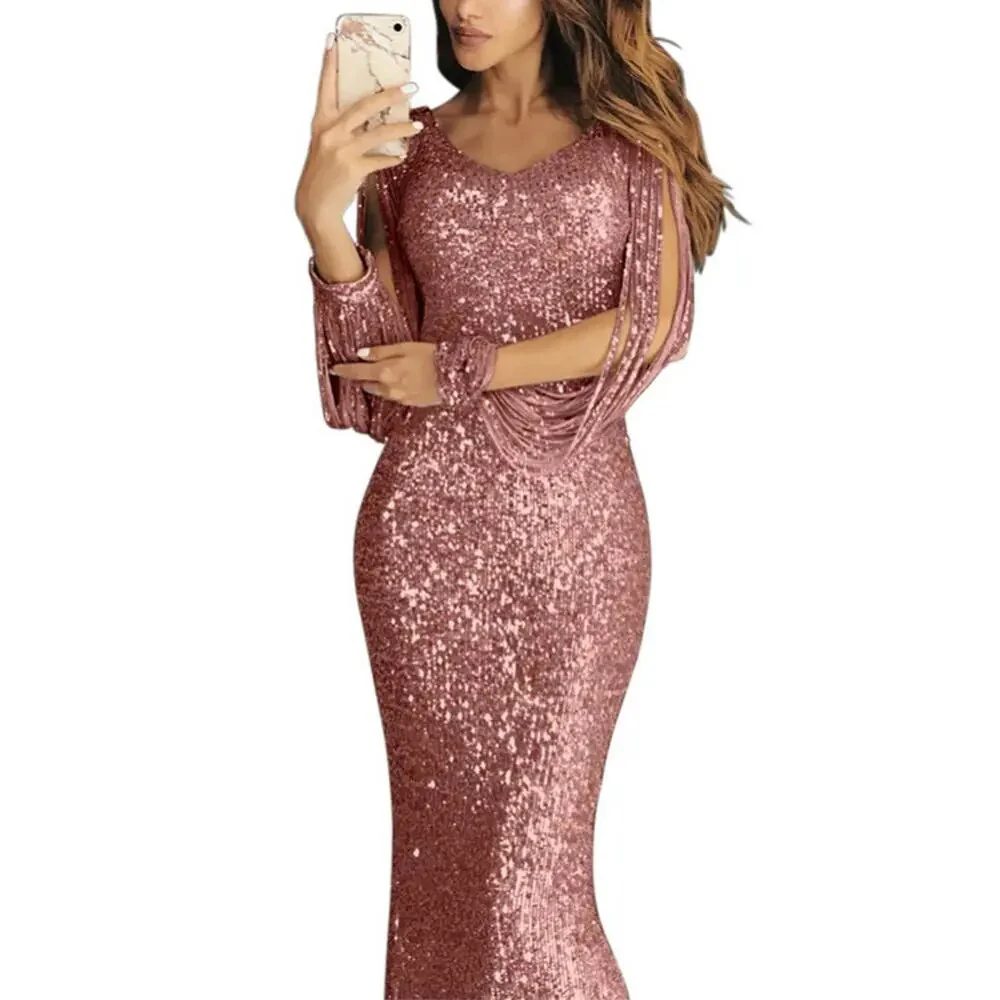 Elegant Ladies Vestidos Plus Size Chic Women Tassel Lantern Sleeve Sequined Tassel Long Sleeve V Neck Bodycon Party Maxi Dress - Image 6