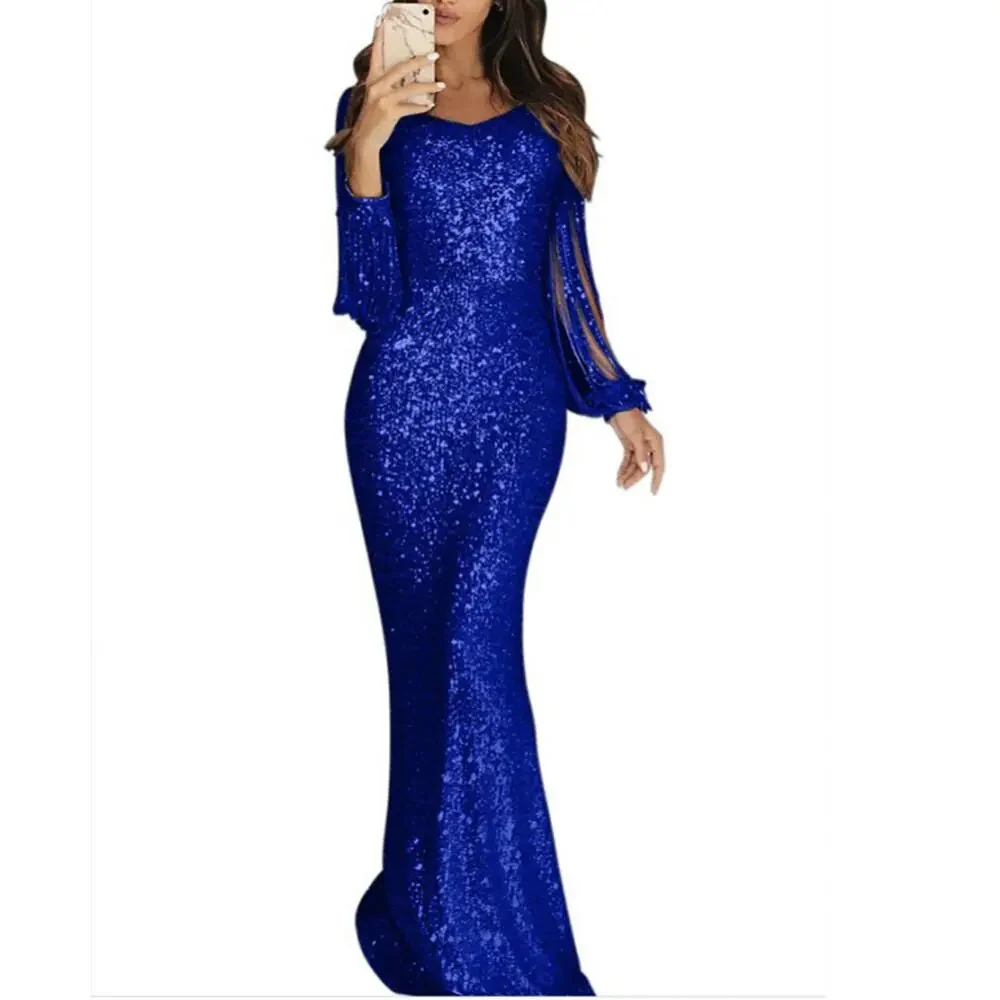Elegant Ladies Vestidos Plus Size Chic Women Tassel Lantern Sleeve Sequined Tassel Long Sleeve V Neck Bodycon Party Maxi Dress - Image 7