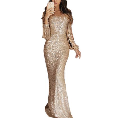 Elegant Ladies Vestidos Plus Size Chic Women Tassel Lantern Sleeve Sequined Tassel Long Sleeve V Neck Bodycon Party Maxi Dress - Image 3