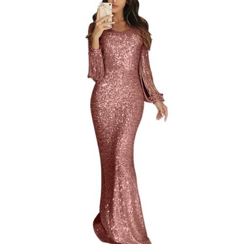 Elegant Ladies Vestidos Plus Size Chic Women Tassel Lantern Sleeve Sequined Tassel Long Sleeve V Neck Bodycon Party Maxi Dress - Image 6