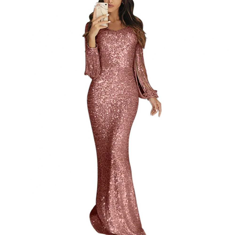 Elegant Ladies Vestidos Plus Size Chic Women Tassel Lantern Sleeve Sequined Tassel Long Sleeve V Neck Bodycon Party Maxi Dress - Image 7