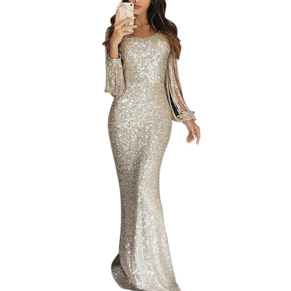 Elegant Ladies Vestidos Plus Size Chic Women Tassel Lantern Sleeve Sequined Tassel Long Sleeve V Neck Bodycon Party Maxi Dress - Image 8