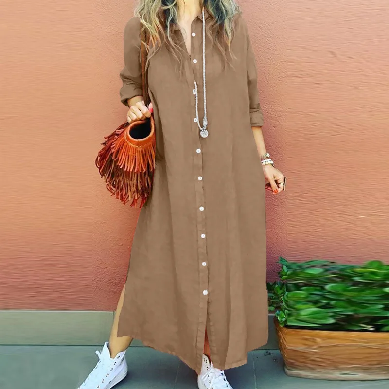 Elegant Long Sleeve Shirt Dress Women Dress Fashion Cotton Lapel Neck Dress Solid Single Breasted Maxi Dress Robe Femme Vestido - Image 2