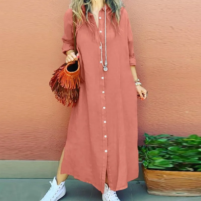 Elegant Long Sleeve Shirt Dress Women Dress Fashion Cotton Lapel Neck Dress Solid Single Breasted Maxi Dress Robe Femme Vestido - Image 3