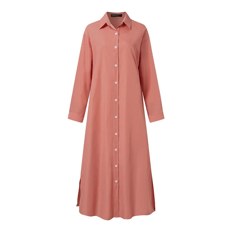 Elegant Long Sleeve Shirt Dress Women Dress Fashion Cotton Lapel Neck Dress Solid Single Breasted Maxi Dress Robe Femme Vestido - Image 4